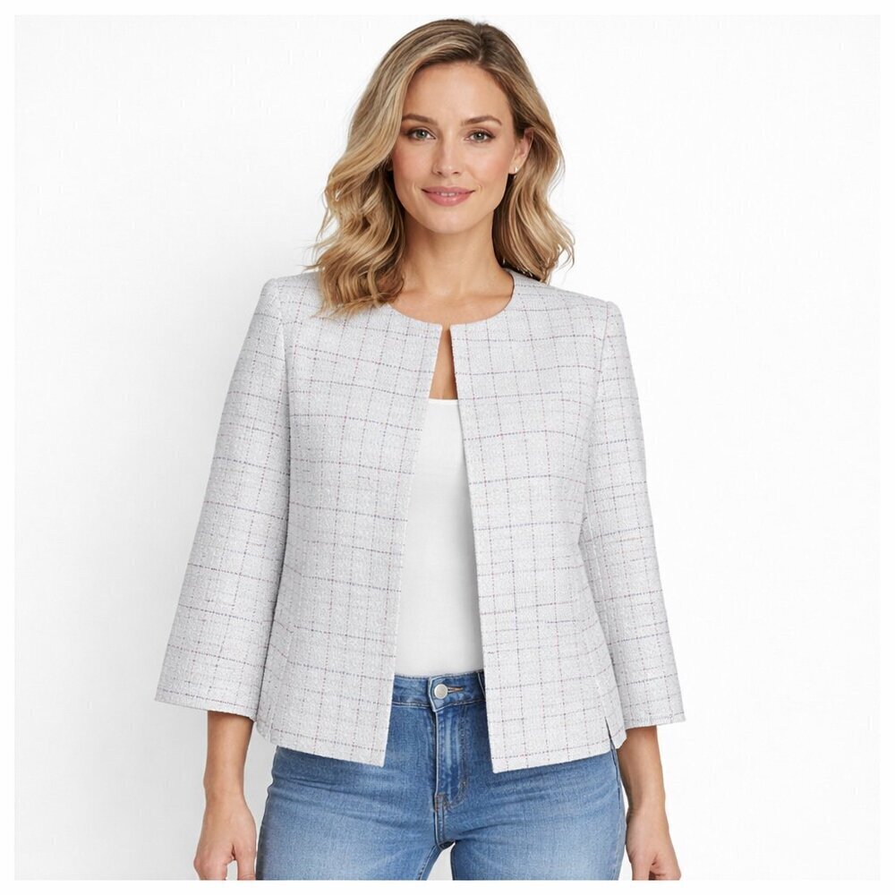 Kasper Blazer Size PM White Windowpane Open Front Silver Metallic 3/4 Sleeve